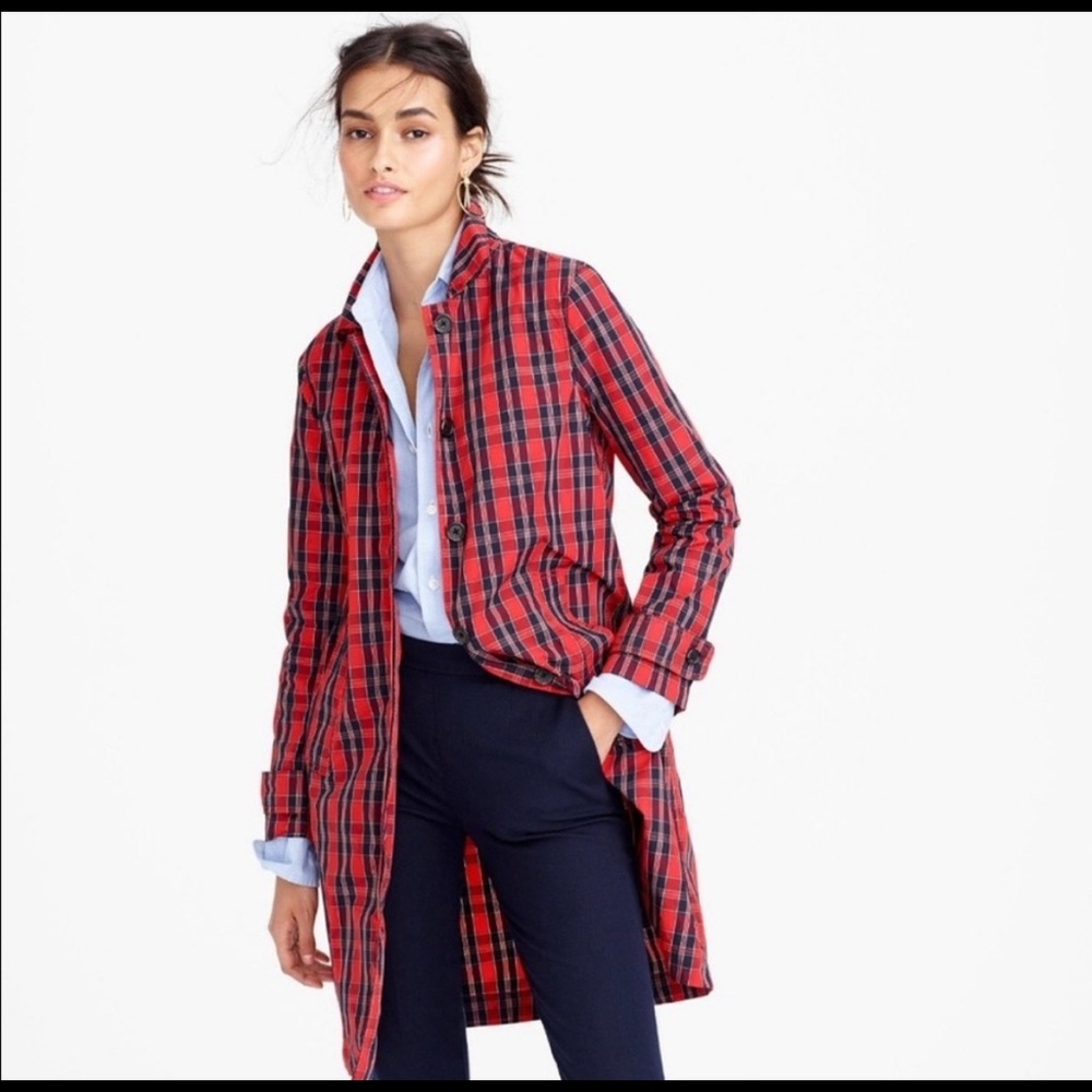 J. Crew Collection Red Plaid Trench Coat in Nylon - NWOT - Size 4